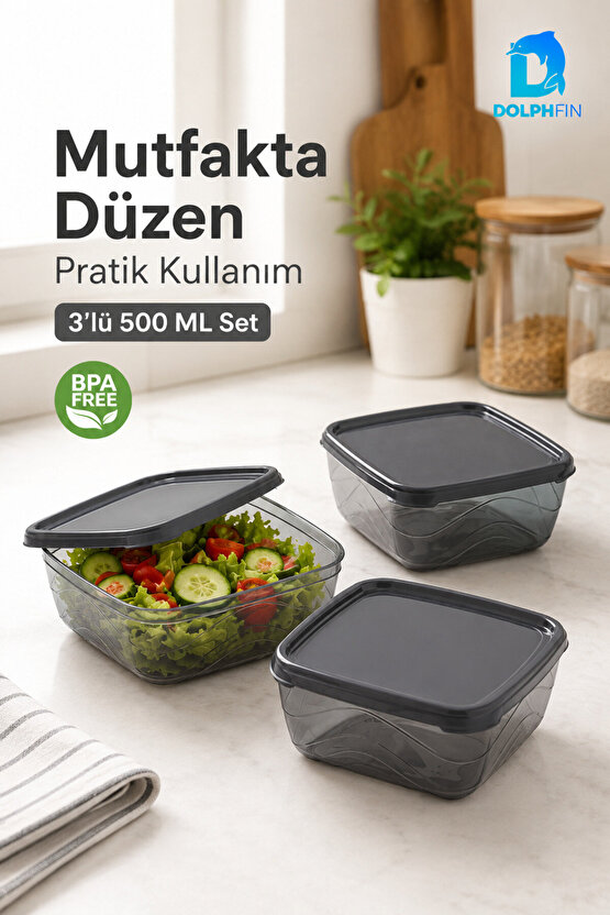 3’lü Kare Saklama Kabı Seti 3x500 ml Füme Şeffaf Siyah Kapaklı BPA İçermez