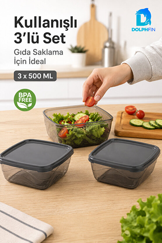 3’lü Kare Saklama Kabı Seti 3x500 ml Füme Şeffaf Siyah Kapaklı BPA İçermez