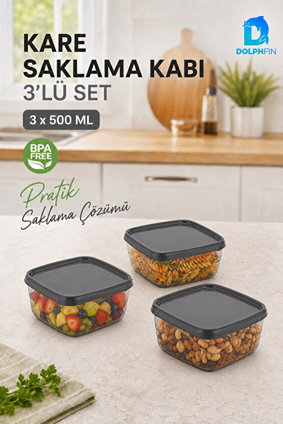 3’lü Kare Saklama Kabı Seti 3x500 ml Füme Şeffaf Siyah Kapaklı BPA İçermez