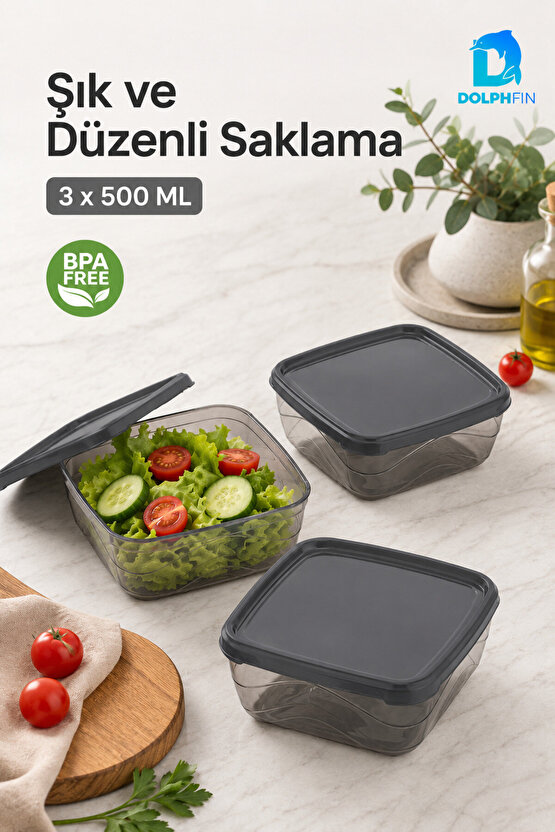 3’lü Kare Saklama Kabı Seti 3x500 ml Füme Şeffaf Siyah Kapaklı BPA İçermez