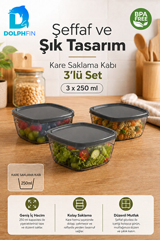 3’lü Kare Saklama Kabı Seti 3x250 ml Füme Şeffaf Siyah Kapaklı BPA İçermez