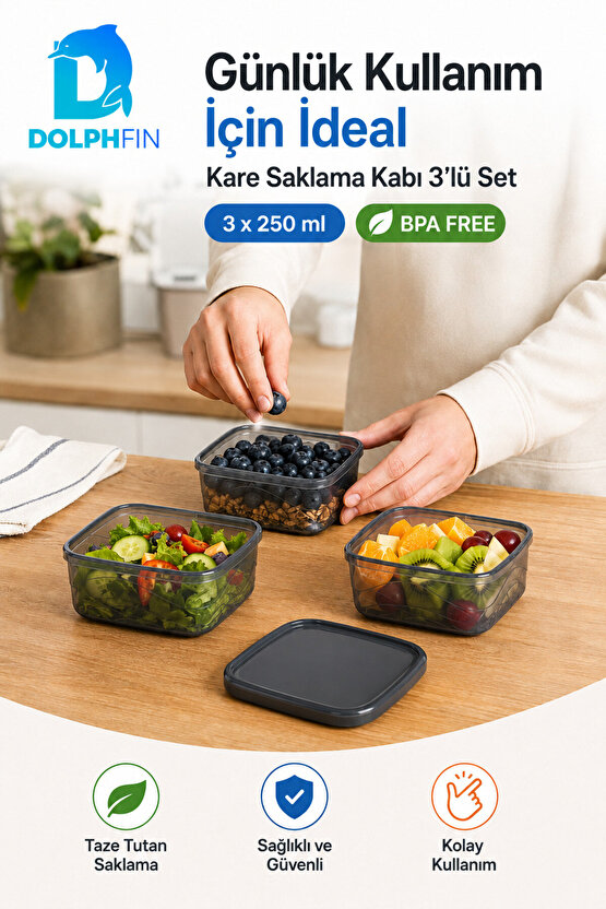 3’lü Kare Saklama Kabı Seti 3x250 ml Füme Şeffaf Siyah Kapaklı BPA İçermez