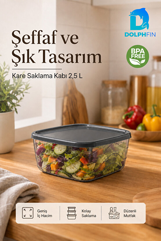 Kare Saklama Kabı 2,5 Litre 21x21x8,5 cm Füme Şeffaf Siyah Kapaklı BPA İçermez