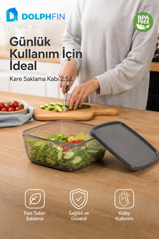 Kare Saklama Kabı 2,5 Litre 21x21x8,5 cm Füme Şeffaf Siyah Kapaklı BPA İçermez