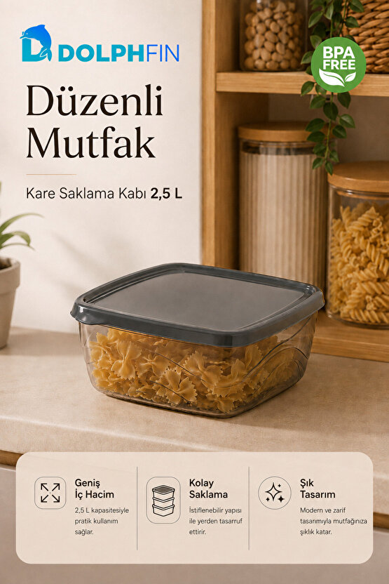 Kare Saklama Kabı 2,5 Litre 21x21x8,5 cm Füme Şeffaf Siyah Kapaklı BPA İçermez