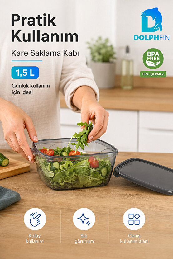 Kare Saklama Kabı 1,5 Litre Füme Şeffaf Siyah Kapaklı Buzdolabı Kabı BPA İçermez