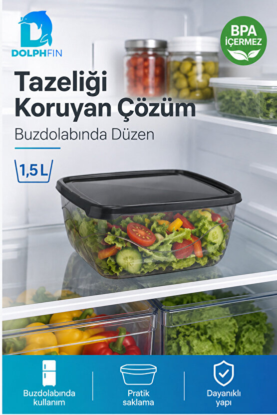 Kare Saklama Kabı 1,5 Litre Füme Şeffaf Siyah Kapaklı Buzdolabı Kabı BPA İçermez