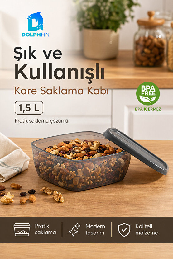 Kare Saklama Kabı 1,5 Litre Füme Şeffaf Siyah Kapaklı Buzdolabı Kabı BPA İçermez
