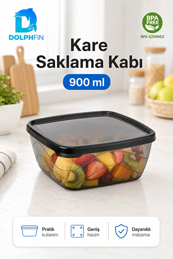 Kare Saklama Kabı 900 ml Füme Şeffaf Siyah Kapaklı Buzdolabı Kabı BPA İçermez