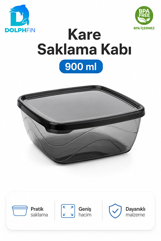Kare Saklama Kabı 900 ml Füme Şeffaf Siyah Kapaklı Buzdolabı Kabı BPA İçermez