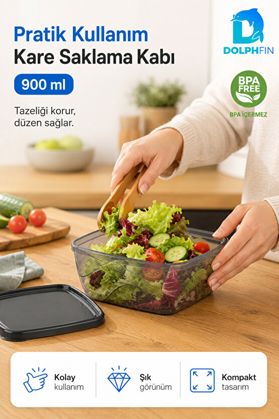 Kare Saklama Kabı 900 ml Füme Şeffaf Siyah Kapaklı Buzdolabı Kabı BPA İçermez