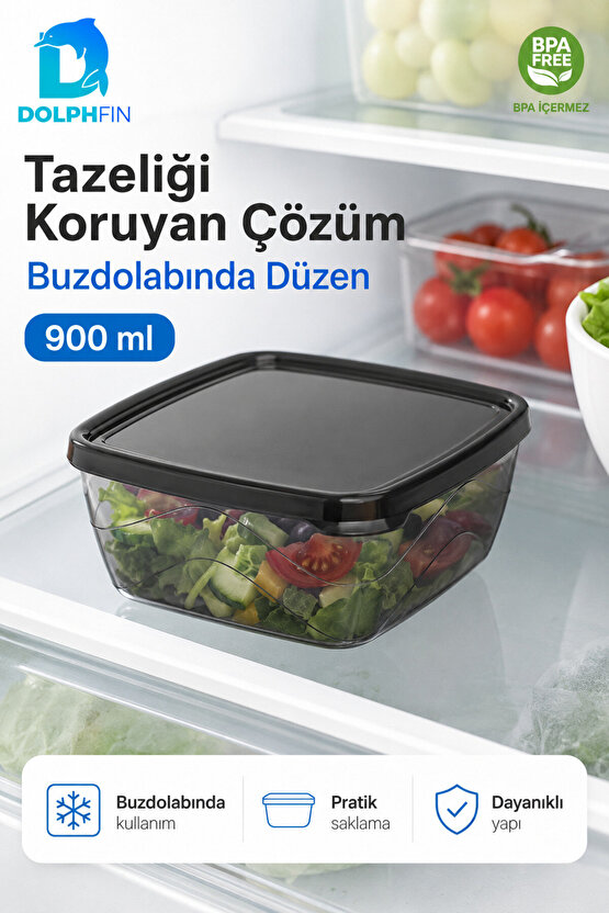 Kare Saklama Kabı 900 ml Füme Şeffaf Siyah Kapaklı Buzdolabı Kabı BPA İçermez