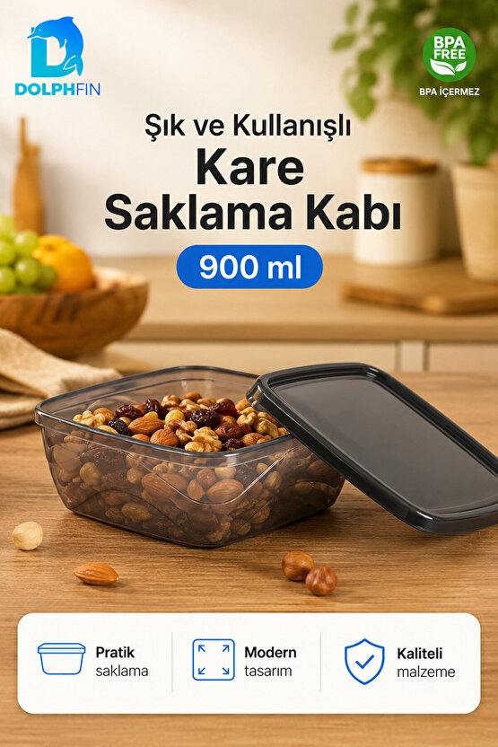 Kare Saklama Kabı 900 ml Füme Şeffaf Siyah Kapaklı Buzdolabı Kabı BPA İçermez