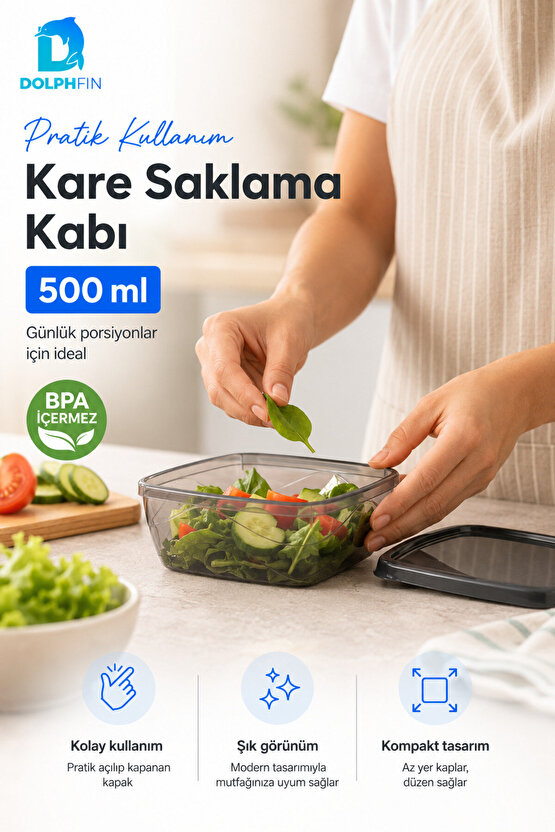 Kare Saklama Kabı 500 ml Füme Şeffaf Siyah Kapaklı Buzdolabı Kabı BPA İçermez