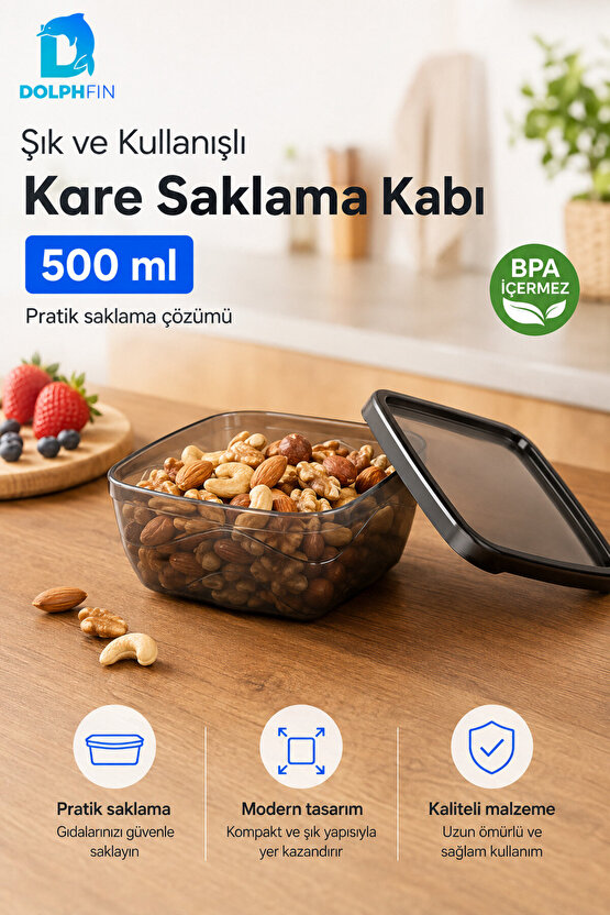 Kare Saklama Kabı 500 ml Füme Şeffaf Siyah Kapaklı Buzdolabı Kabı BPA İçermez