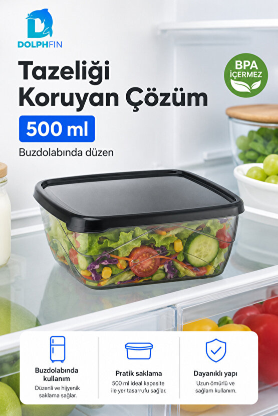Kare Saklama Kabı 500 ml Füme Şeffaf Siyah Kapaklı Buzdolabı Kabı BPA İçermez