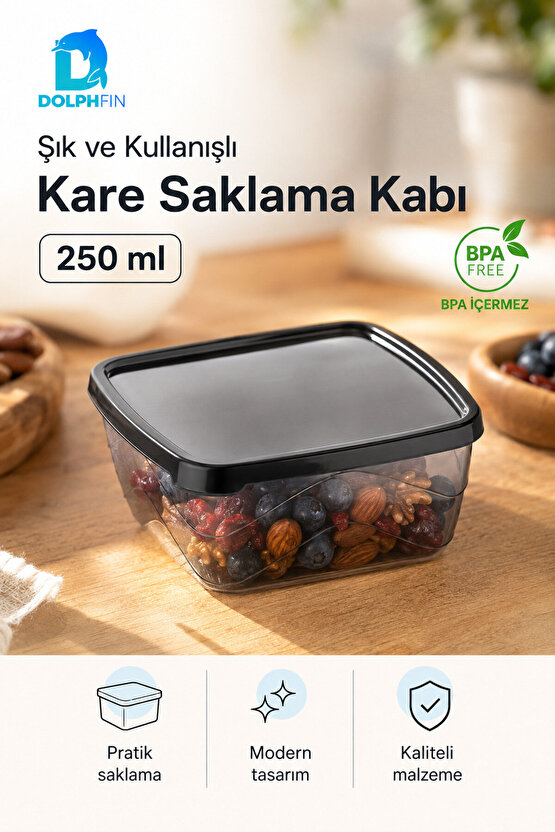 Kare Saklama Kabı 250 ml 10x10x4 cm Füme Şeffaf Siyah Kapaklı BPA İçermez
