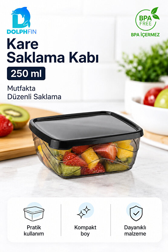 Kare Saklama Kabı 250 ml 10x10x4 cm Füme Şeffaf Siyah Kapaklı BPA İçermez