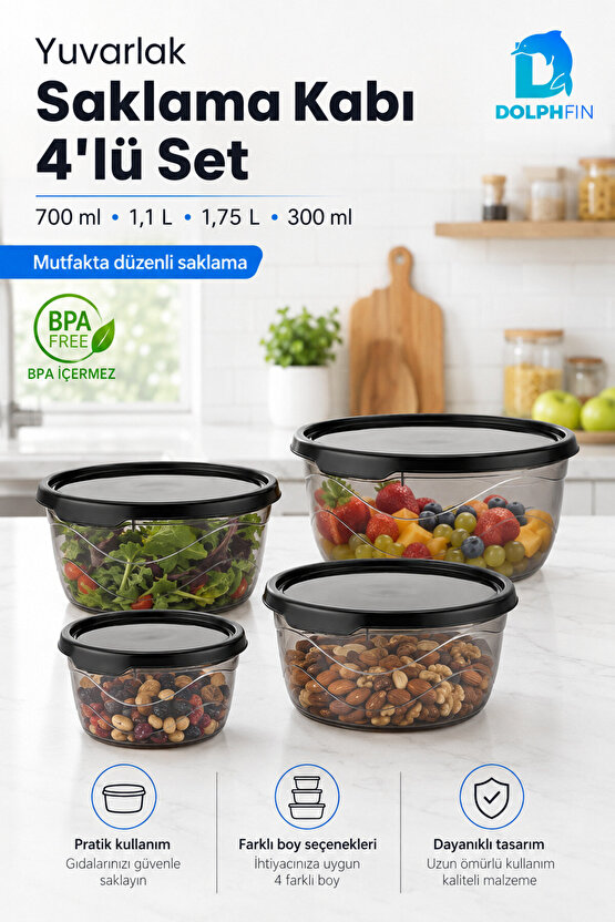 4’lü Yuvarlak Saklama Kabı Seti 300 ml 700 ml 1,1 L 1,75 L Füme Şeffaf BPA İçermez