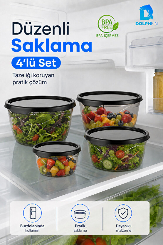 4’lü Yuvarlak Saklama Kabı Seti 300 ml 700 ml 1,1 L 1,75 L Füme Şeffaf BPA İçermez