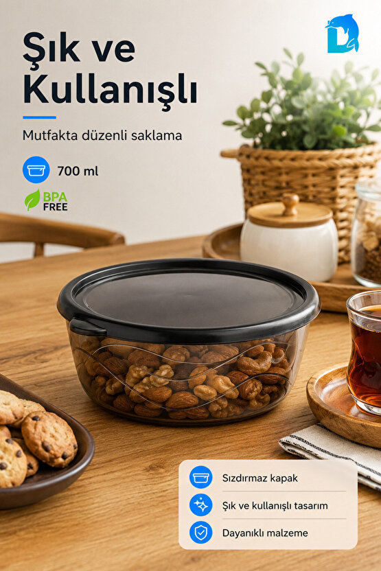 Yuvarlak Saklama Kabı 700 ml 14,5x14,5x6 cm Şeffaf Siyah Kapaklı BPA İçermez