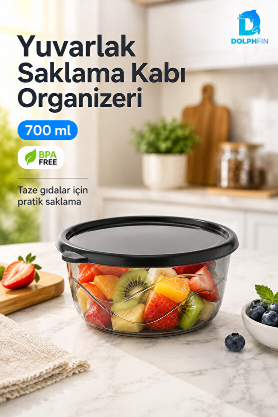 Yuvarlak Saklama Kabı 700 ml 14,5x14,5x6 cm Şeffaf Siyah Kapaklı BPA İçermez