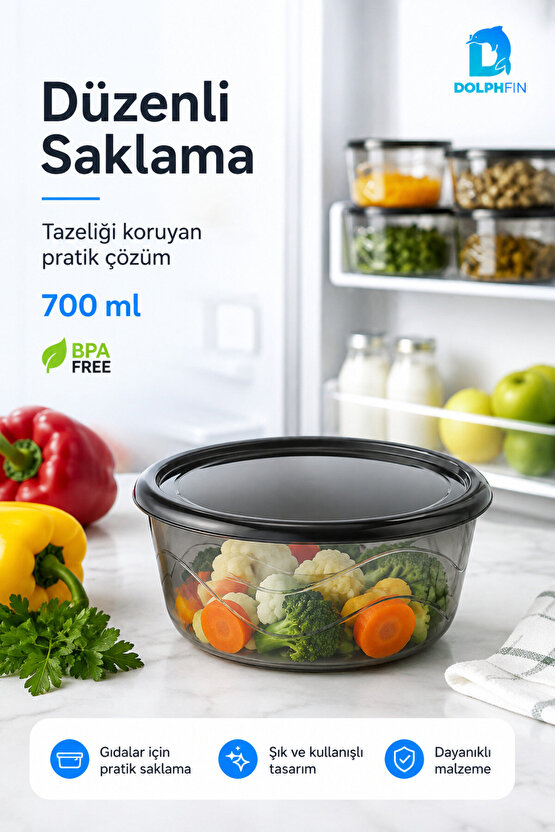 Yuvarlak Saklama Kabı 700 ml 14,5x14,5x6 cm Şeffaf Siyah Kapaklı BPA İçermez