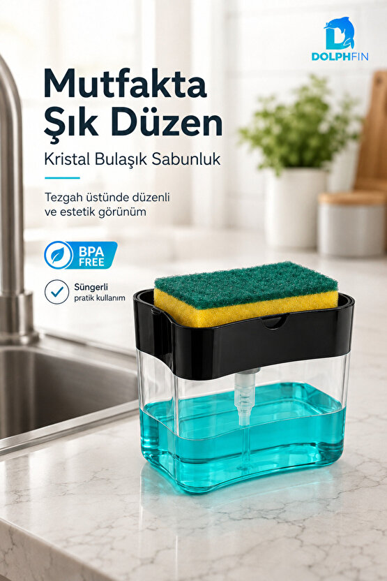 Kristal Bulaşık Sabunluğu 9x14x10,5 cm Sünger Hazneli Basmalı Sıvı Sabunluk BPA İçermez