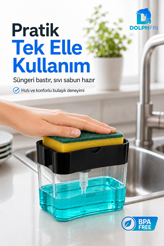 Kristal Bulaşık Sabunluğu 9x14x10,5 cm Sünger Hazneli Basmalı Sıvı Sabunluk BPA İçermez