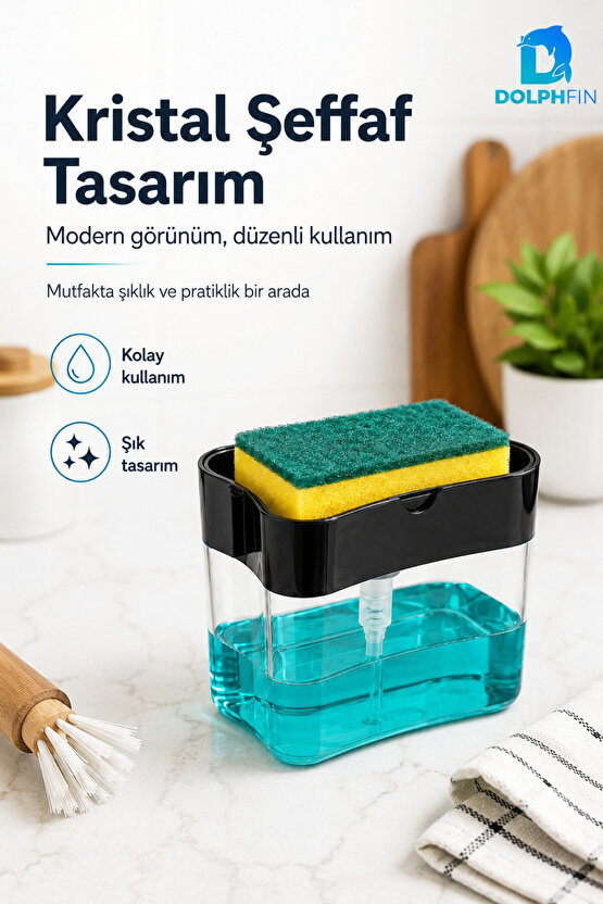 Kristal Bulaşık Sabunluğu 9x14x10,5 cm Sünger Hazneli Basmalı Sıvı Sabunluk BPA İçermez