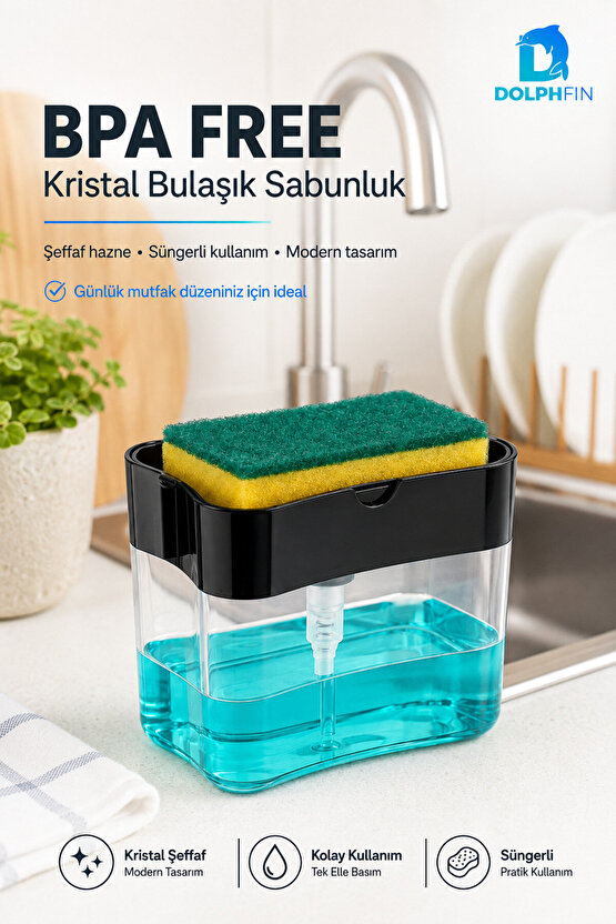 Kristal Bulaşık Sabunluğu 9x14x10,5 cm Sünger Hazneli Basmalı Sıvı Sabunluk BPA İçermez