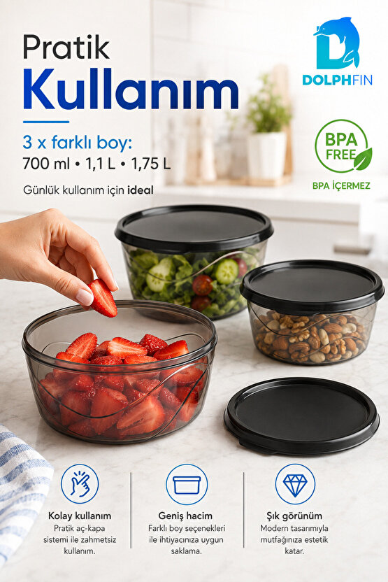 3’lü Yuvarlak Saklama Kabı Seti 700 ml 1,1 L 1,75 L Füme Şeffaf BPA İçermez
