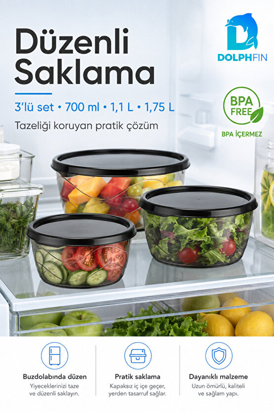 3’lü Yuvarlak Saklama Kabı Seti 700 ml 1,1 L 1,75 L Füme Şeffaf BPA İçermez