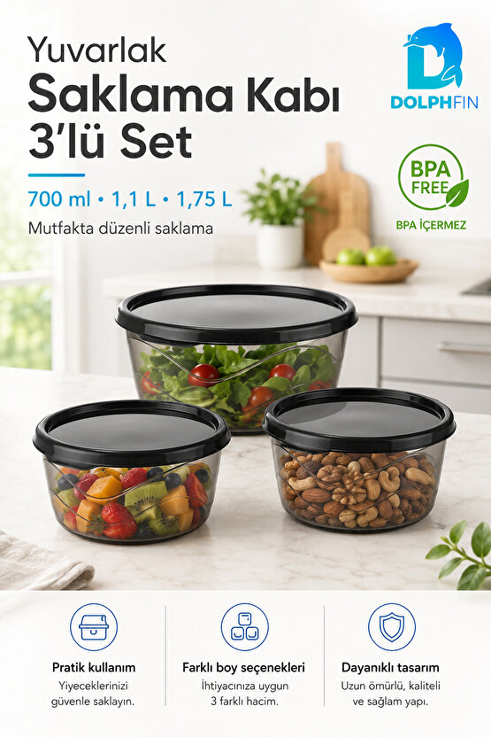 3’lü Yuvarlak Saklama Kabı Seti 700 ml 1,1 L 1,75 L Füme Şeffaf BPA İçermez