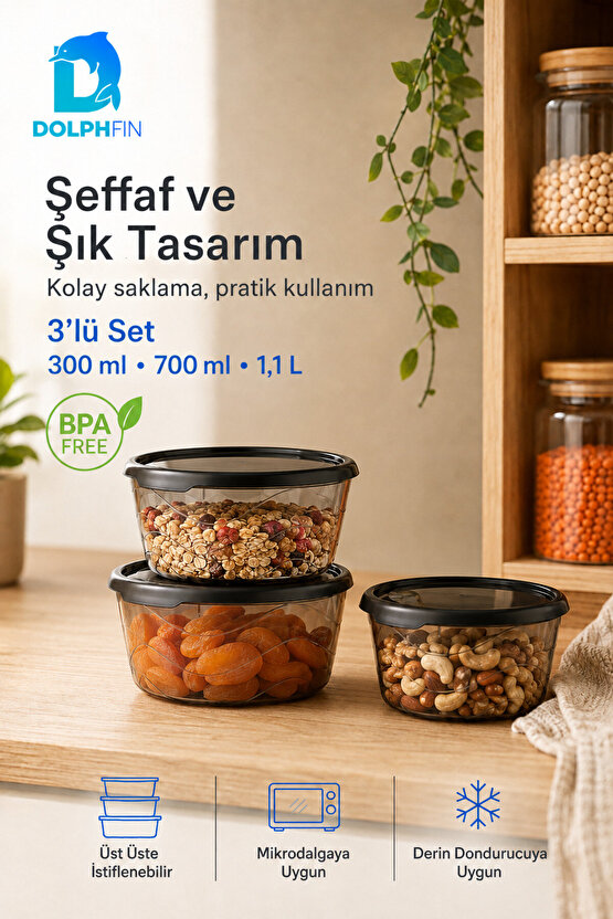 3’lü Yuvarlak Saklama Kabı Seti 300 ml 700 ml 1,1 Litre Füme Şeffaf BPA İçermez