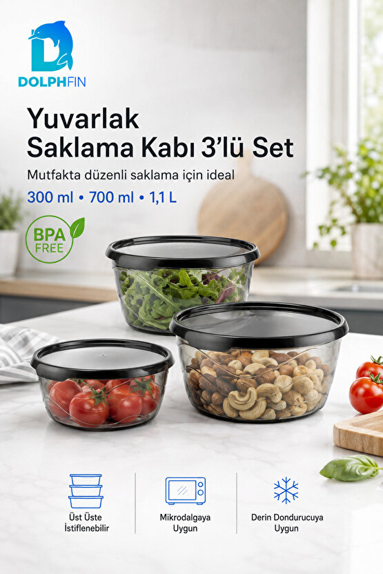 3’lü Yuvarlak Saklama Kabı Seti 300 ml 700 ml 1,1 Litre Füme Şeffaf BPA İçermez