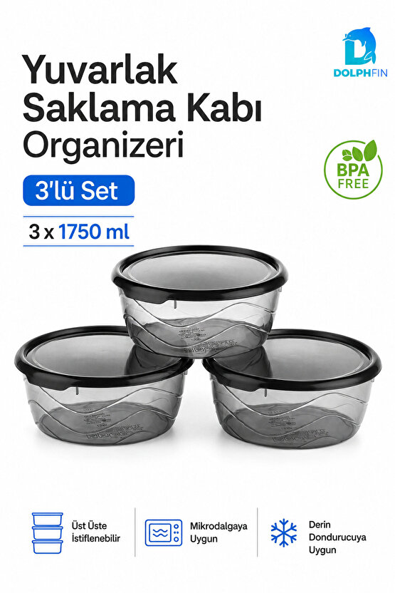 3’lü Yuvarlak Saklama Kabı Seti 3x1,75 Litre Füme Şeffaf Siyah Kapaklı BPA İçermez