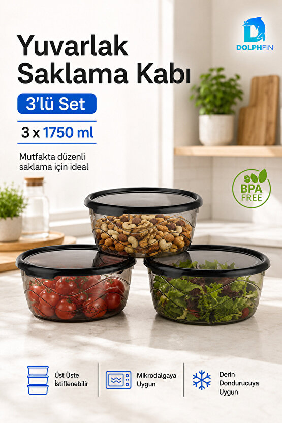 3’lü Yuvarlak Saklama Kabı Seti 3x1,75 Litre Füme Şeffaf Siyah Kapaklı BPA İçermez