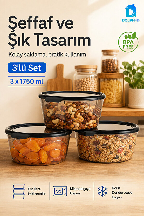 3’lü Yuvarlak Saklama Kabı Seti 3x1,75 Litre Füme Şeffaf Siyah Kapaklı BPA İçermez