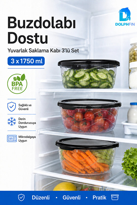 3’lü Yuvarlak Saklama Kabı Seti 3x1,75 Litre Füme Şeffaf Siyah Kapaklı BPA İçermez