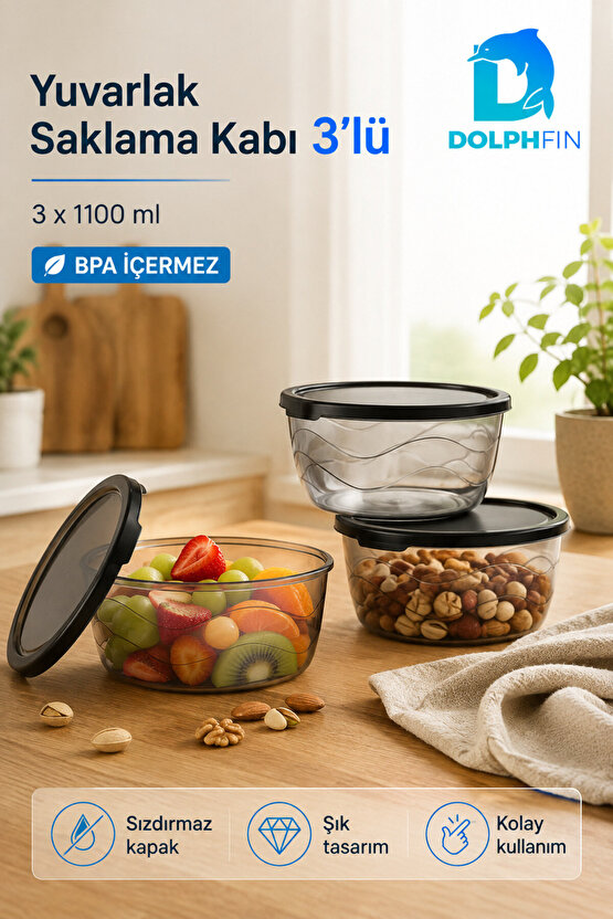 3’lü Yuvarlak Saklama Kabı Seti 3x1,1 Litre Füme Şeffaf Siyah Kapaklı BPA İçermez
