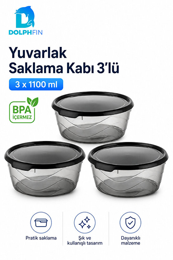 3’lü Yuvarlak Saklama Kabı Seti 3x1,1 Litre Füme Şeffaf Siyah Kapaklı BPA İçermez