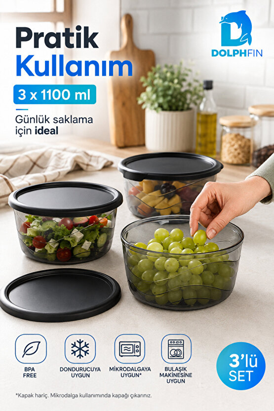 3’lü Yuvarlak Saklama Kabı Seti 3x1,1 Litre Füme Şeffaf Siyah Kapaklı BPA İçermez