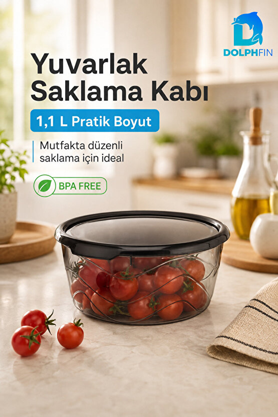 Yuvarlak Saklama Kabı 1,1 Litre 17x17x7 cm Füme Şeffaf Siyah Kapaklı BPA İçermez