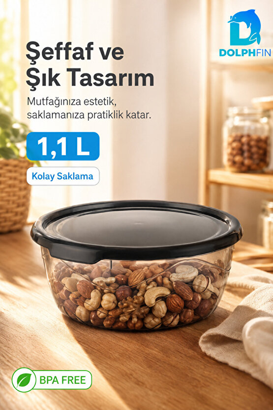 Yuvarlak Saklama Kabı 1,1 Litre 17x17x7 cm Füme Şeffaf Siyah Kapaklı BPA İçermez
