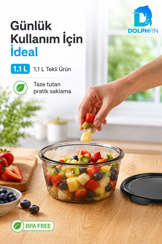 Yuvarlak Saklama Kabı 1,1 Litre 17x17x7 cm Füme Şeffaf Siyah Kapaklı BPA İçermez