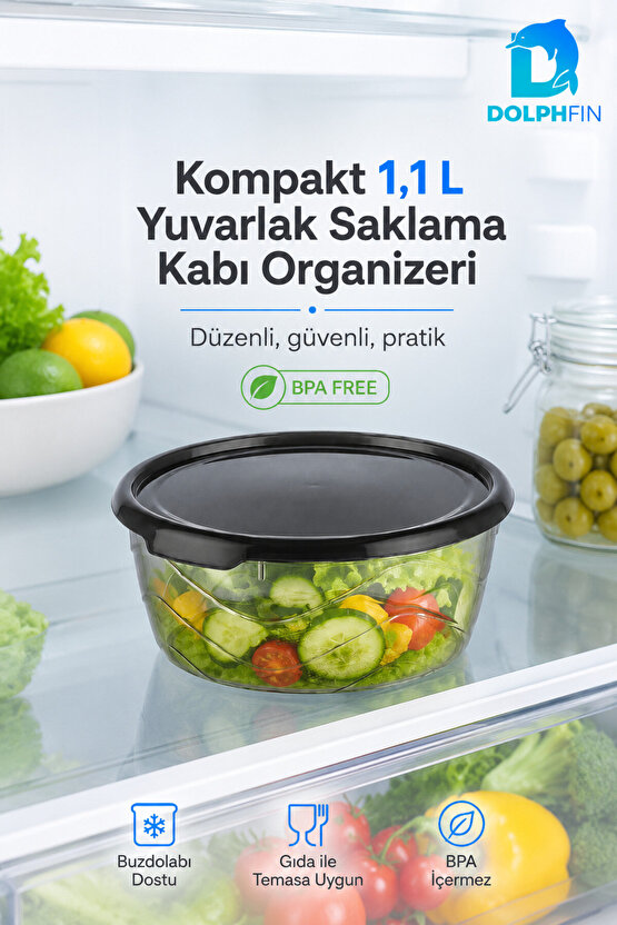 Yuvarlak Saklama Kabı 1,1 Litre 17x17x7 cm Füme Şeffaf Siyah Kapaklı BPA İçermez