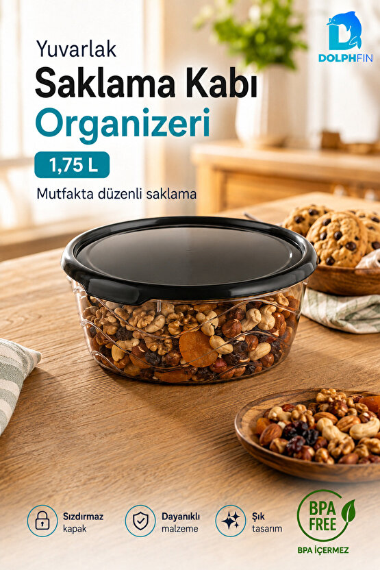 Yuvarlak Saklama Kabı 1,75 Litre 19,5x19,5x9 cm Şeffaf Siyah Kapaklı BPA İçermez