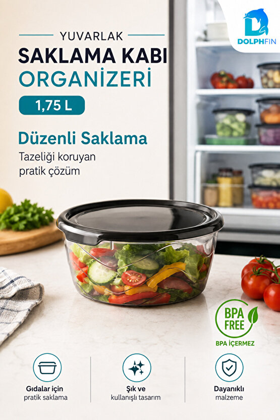 Yuvarlak Saklama Kabı 1,75 Litre 19,5x19,5x9 cm Şeffaf Siyah Kapaklı BPA İçermez