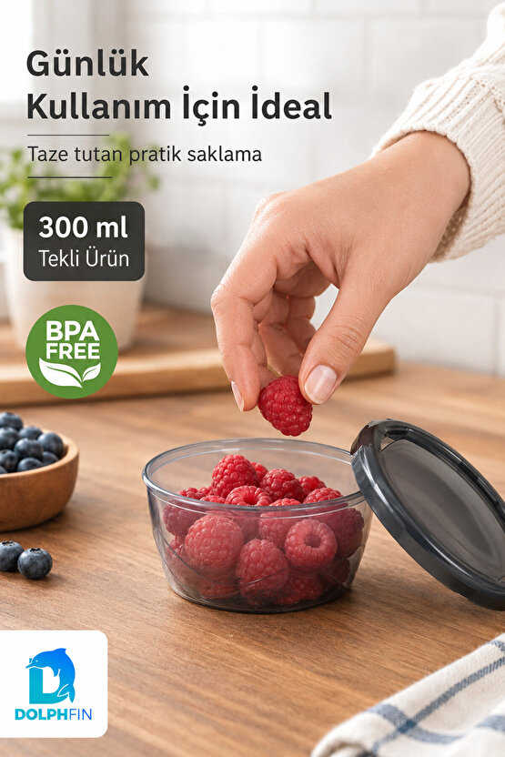 Yuvarlak Saklama Kabı 300 ml 12,5x12,5x5 cm Şeffaf Siyah Kapaklı BPA İçermez